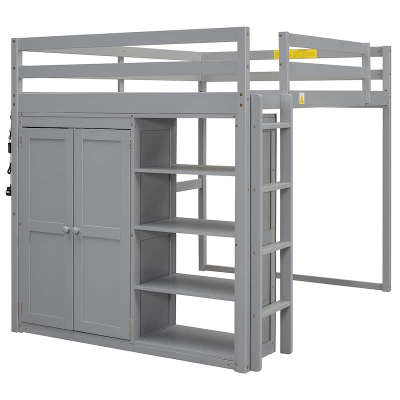 Full Wood Loft Bed with Wardrobe & Storage Shelves