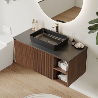 36'' Single Bathroom Vanity with Glossy Sintered Stone Top, Light Wood & Dark Wood