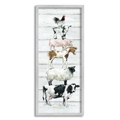 Stupell Balancing Farm Animals Rustic White Plank Pattern Framed Wall Art, Design by Carol Robinson
