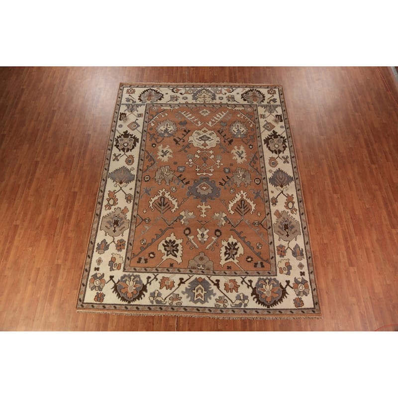 Orange Floral Oushak Indian Area Rug Handmade Wool Carpet - 9'1"x 11'11"