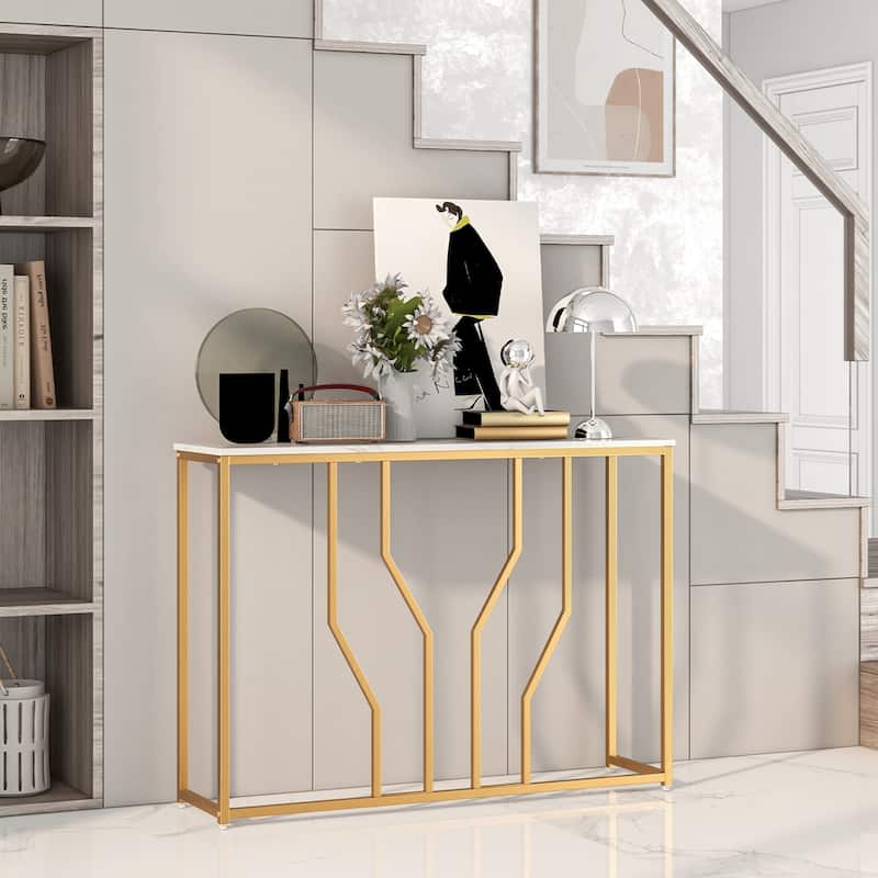 44" Gold Console Table with Faux Marble Tabletop Golden Metal Frame