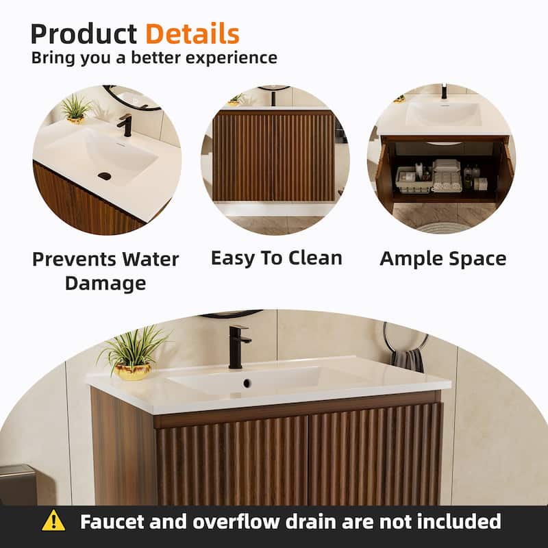 30 inch Walnut Folding Wall Cabinet With Creamic Sink- Patented 1-Minute Install, Space-Saving & Easy Assemble