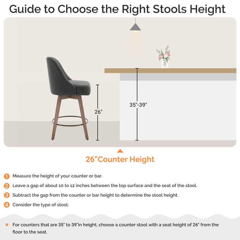 26" Counter Height Swivel Bar Stool, Upholstered Counter Stools - 39.37" (H) x 22.44" (D) x 21.65" (W)