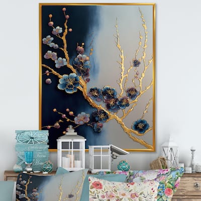 Designart "Blue Cherry Blossom Branch II" Modern Framed Canvas Art Print