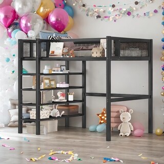 Twin Size Metal Loft Bed with 4-Tier Shelves and Storage, Black