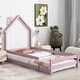 preview thumbnail 21 of 56, Twin Size Wood bed with House Shaped Headboard Floor Bed with Fences Pink