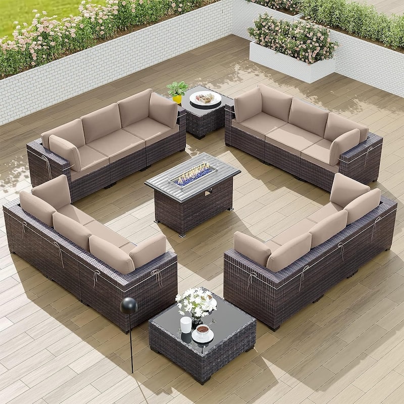 Kullavik 15PCS Outdoor Patio Furniture Set with Fire Pit Table & Glass Top Coffee Table - Khaki
