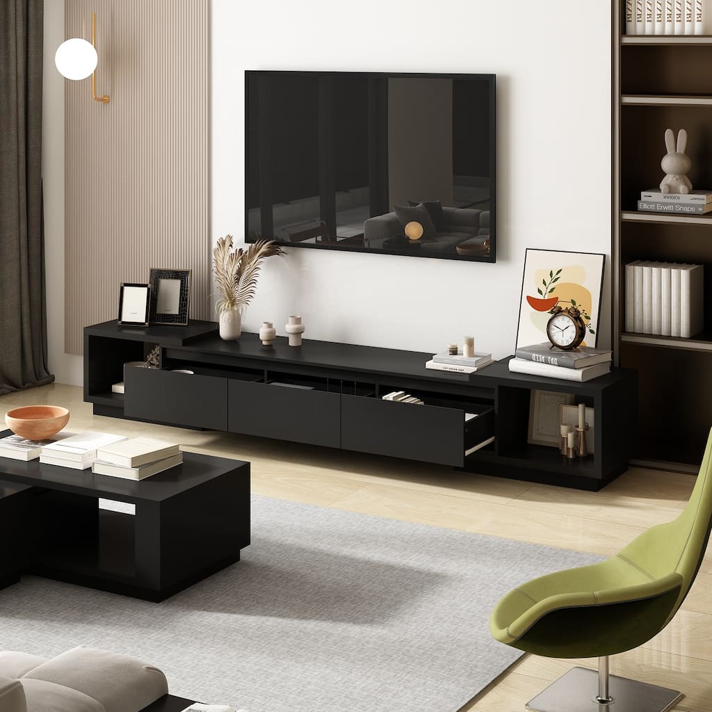 Modern Style Extendable TV Stand with 3Drawer White/Black 65.4"-106.3" Entertainment Center Table