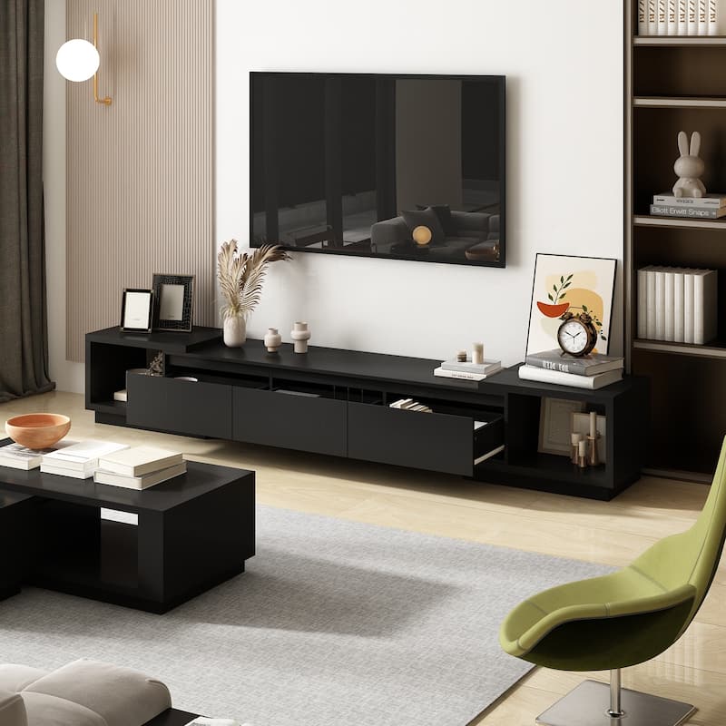 Modern Style Extendable TV Stand with 3Drawer White/Black 65.4"-106.3" - Black