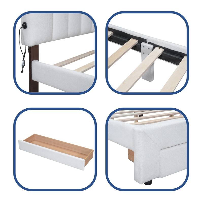 Teddy Fleece Queen Size Upholstered Platform Bed with Drawer