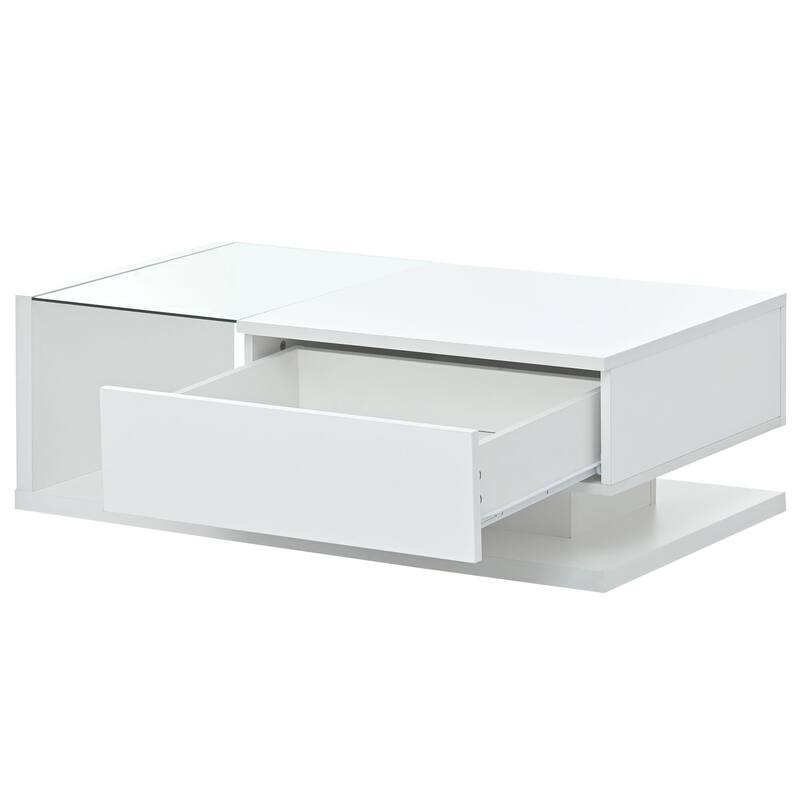 Modern Coffee Table with Tempered Glass, High-Gloss Wood Cocktail Table, 2-Tier Rectangle Center Table for Living Room