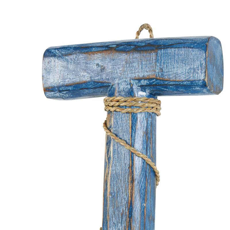 Brown Wood Beach House Sign Paddle Home Wall Decor with Blue Accents and Rope Detail