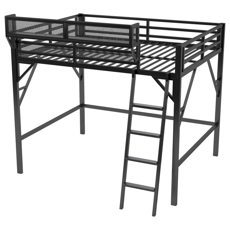 Queen Size Metal Loft Bed with Storage Shelves and Ladder for Kids and Teens, Black
