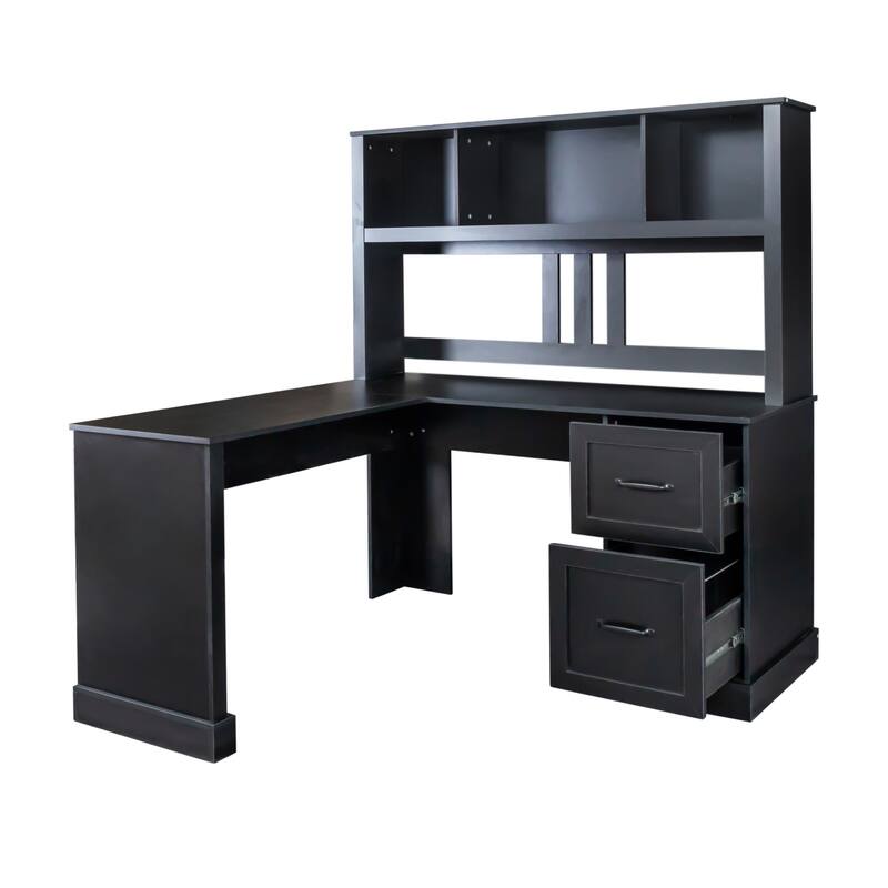 Roomfitters L-Shaped Home Office Computer Desk with Hutch, Corner Workstation with Drawers and Shelves
