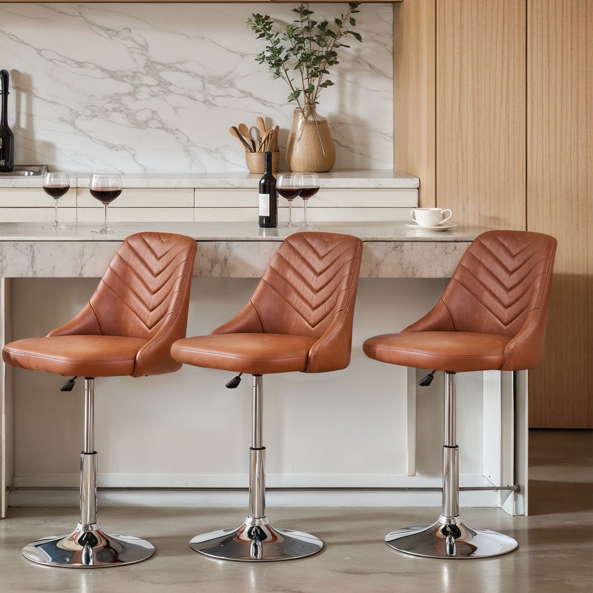 Javlergo Set of 1/2/3 Brown & White PU Leather Adjustable Swivel Bar Stools for Kitchen Living Room Office