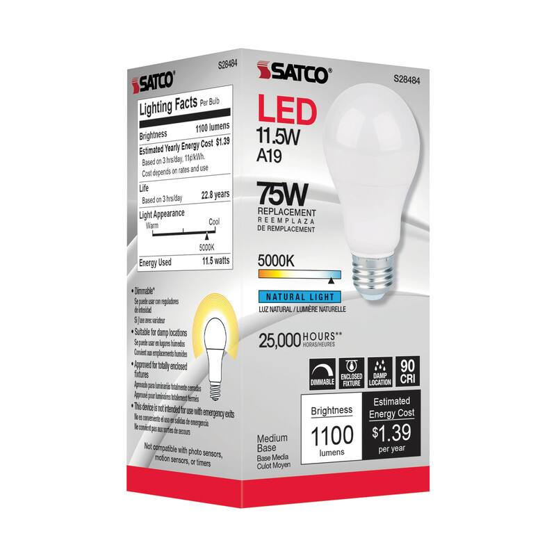 11.5 Watt A19 LED 90CRI 5000K Medium base 220 deg. Beam Angle 120 Volt 1100 Lumens CEC - White