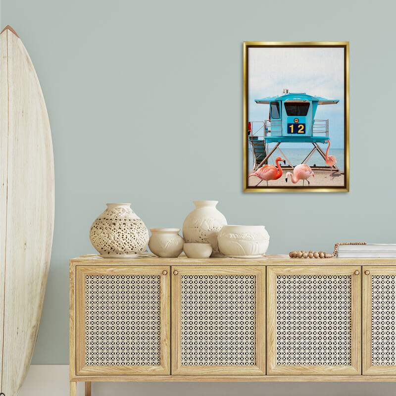 Stupell Beach Shore with Flamingoes Framed Floater Canvas Wall Art Design By Ashley Singleton