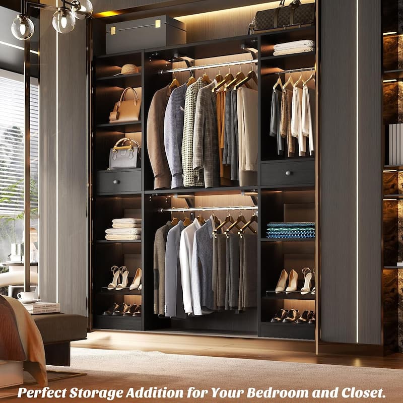 58" W - 90" W Closet System with 3 Hanging Rods and Shelves,Walk in Closet Organizer with 2 Drawers & Shoe Rack,Closet Wardrobe - Black