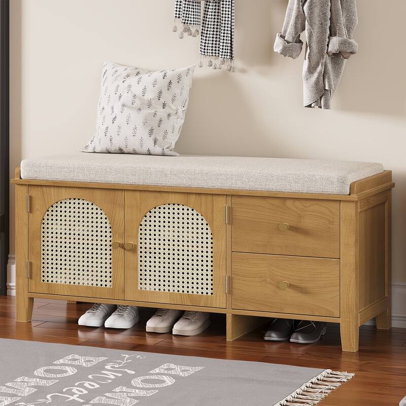 Storage Bench with Cushion,2 Drawers and Rattan Doors for Entryway