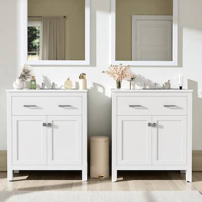 60'' Double Sink Bathroom Vanity with Ceramic Sinks, Solid Wood Frame, Flip Drawer, Adjustable Shelf, Soft-Close Doors