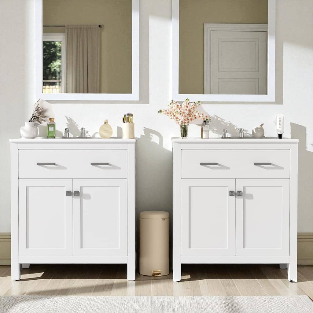 60'' Double Sink Bathroom Vanity with Ceramic Sinks, Solid Wood Frame, Flip Drawer, Adjustable Shelf, Soft-Close Doors