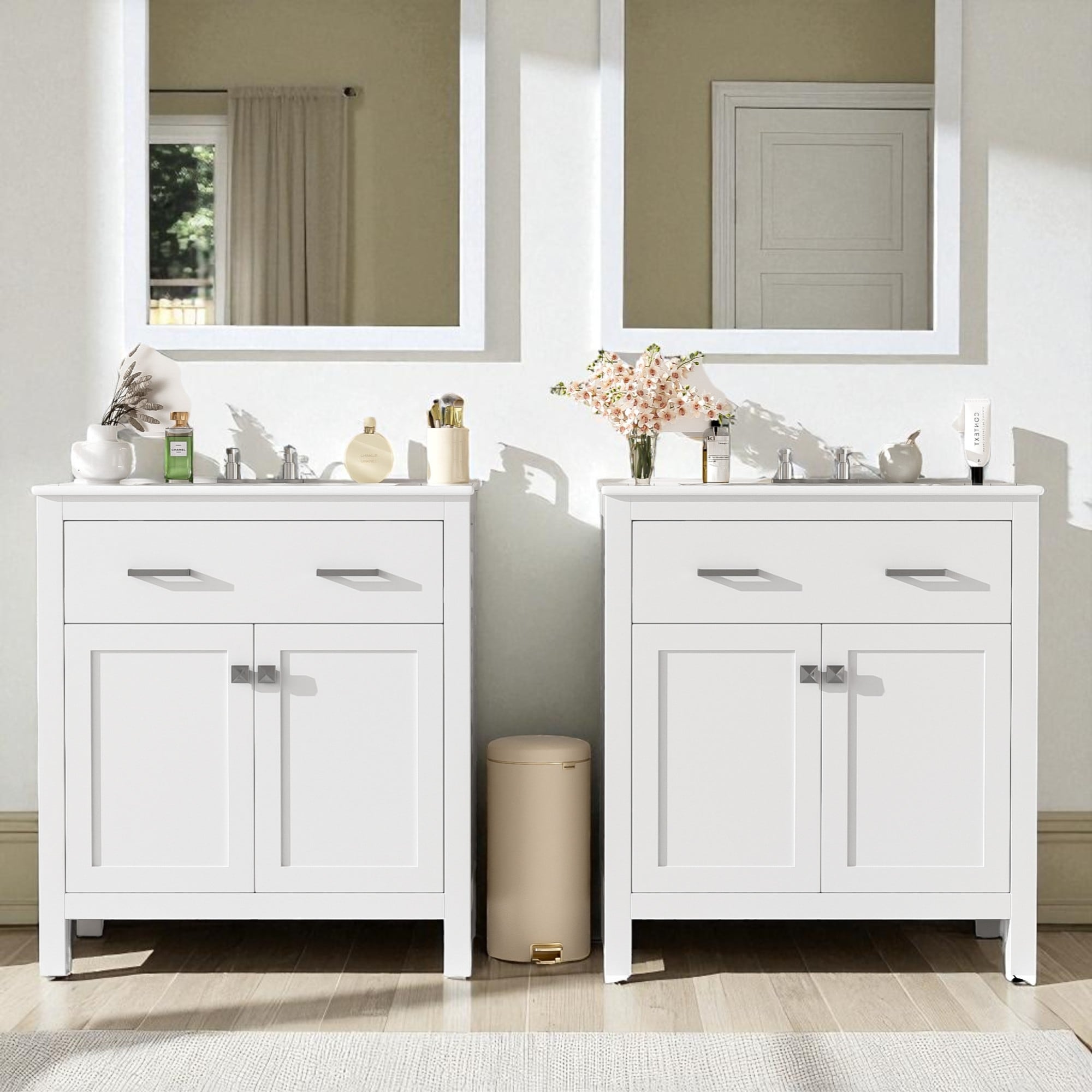 60'' Double Sink Bathroom Vanity with Ceramic Sinks, Solid Wood Frame, Flip Drawer, Adjustable Shelf, Soft-Close Doors