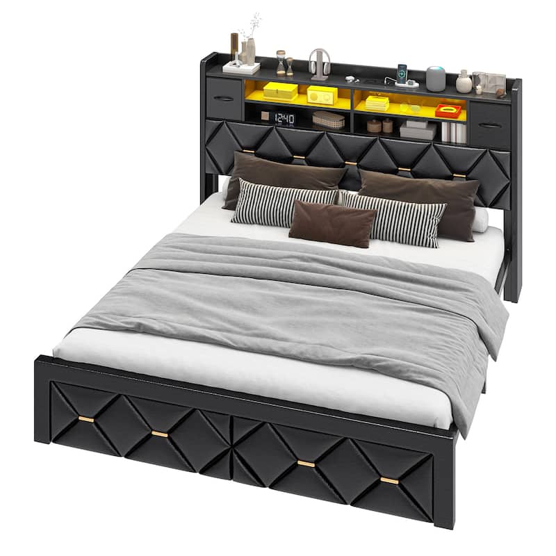 Black Farmhouse Bed Frame Upholstered Headboard Platform Bed with Charging Station - Black - King