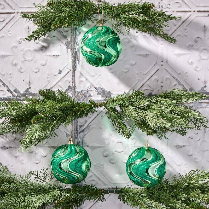 120mm Shatterproof Plastic Glitter Rippled Ball Ornament Box of 3