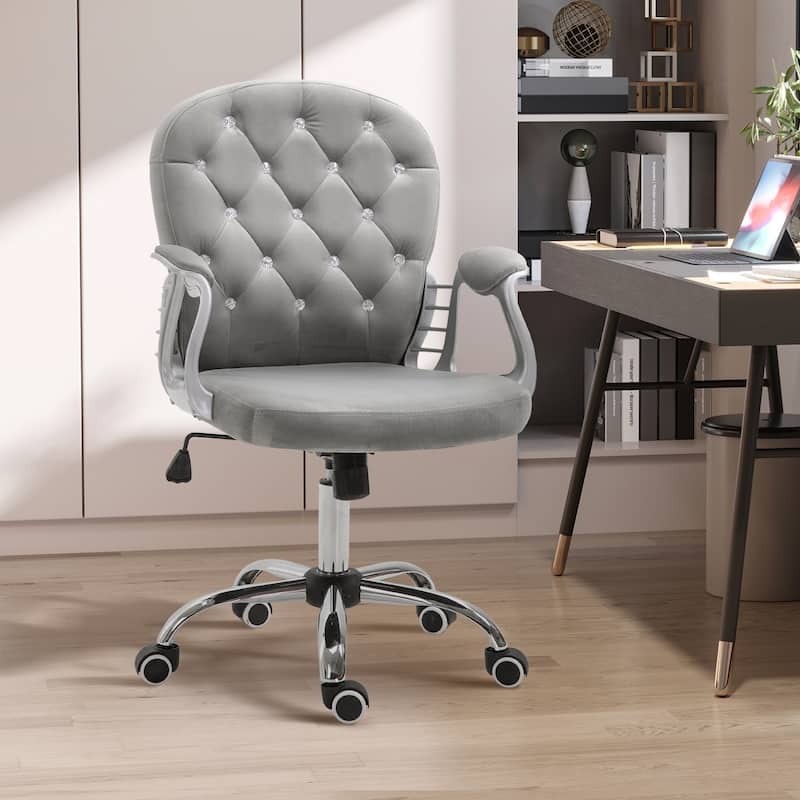 Vinsetto Vanity Middle Back Office Chair Tufted Backrest Swivel Rolling Wheels Task Chair with Height Adjustable Armrests - Grey