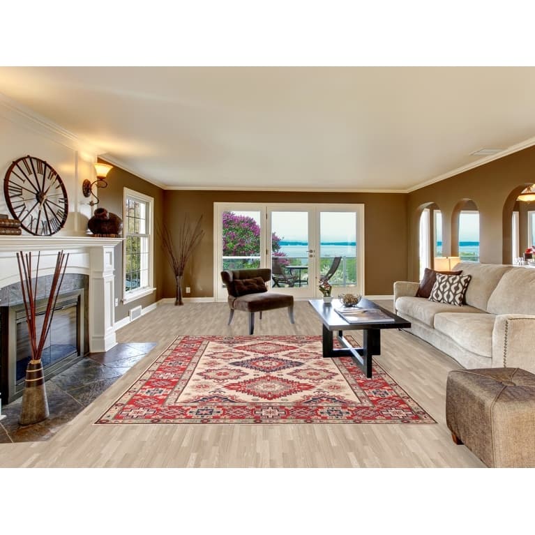Geometric Kazak Area Rug Hand-Knotted Living Room Wool Carpet - 6'11" x 9'9"