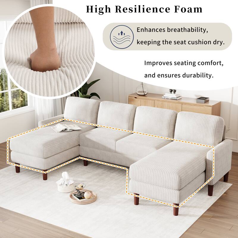 103'' U-Shaped 4-Seat Sectional Sofa with 2 Chaises, Solid Wood Legs, and Ample Space