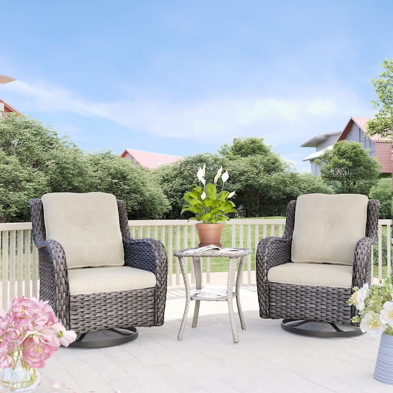 Cozywor 3-Piece Wicker Patio Swivel Outdoor Rocking Chair Set - Beige