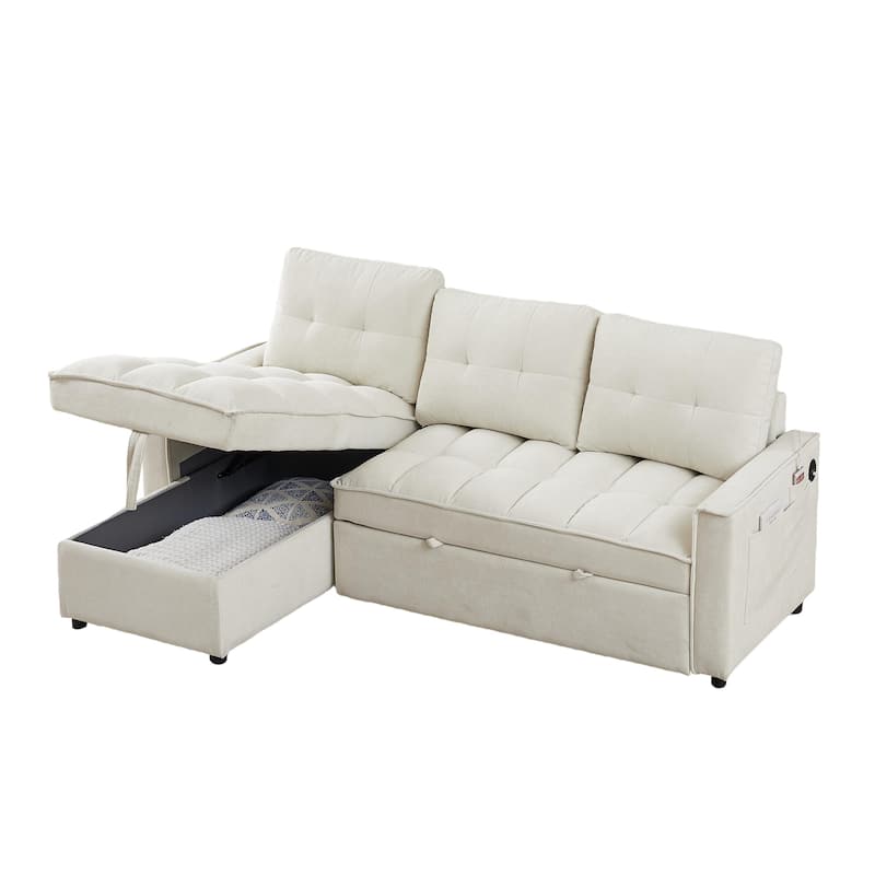 78.75" Reclining Sofa Bed, L-Shaped Sectional with Storage, USB & Tape-C Ports, Organizer Pocket, Beige Chenille