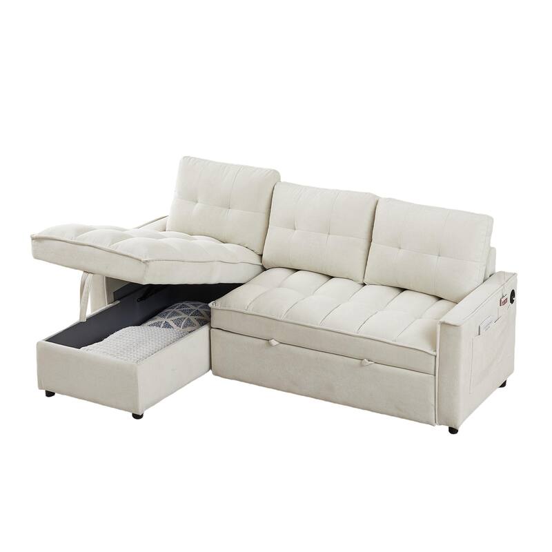 Beige 78.75" L-Shaped 3-Seater Reclining Sofa Bed with USB Ports and Storage