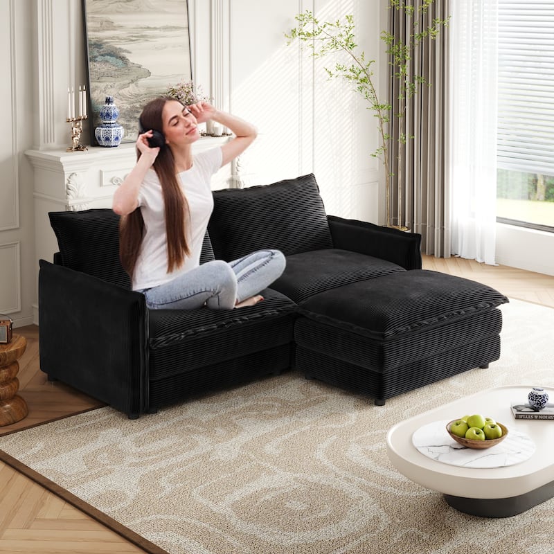 75" Corduroy Sectional Sofa with Ottoman, 2-Seater - Black