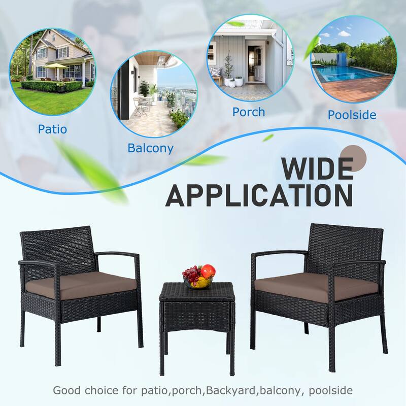 Outdoor Furniture 3 Piece Patio Bistro Furniture Set, Rattan Conversation Chairs Set with Side Table and Cushions