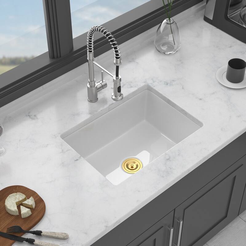 24"x18"x9" Undermount Single Bowl Porcelain Ceramic Kitchen Sink Dual Mount White Ceramic Rectangular Deep Sink Basin