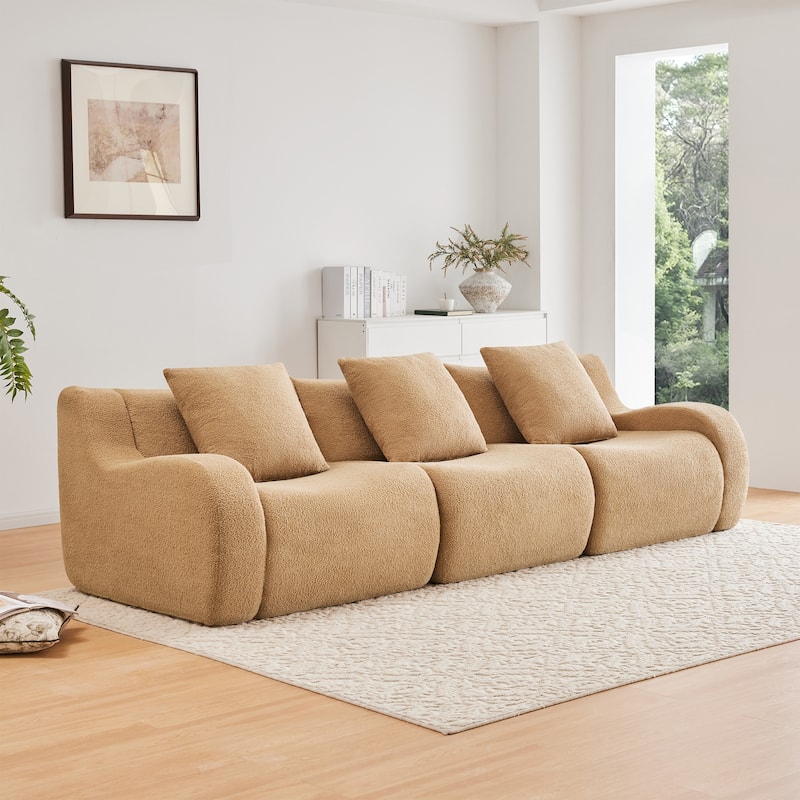 Boneless Sofa, 3 Seat High-Quality Teddy Fabric,Anti-Slip Design, No Assembly Curved Armrests Streamlined - Camel