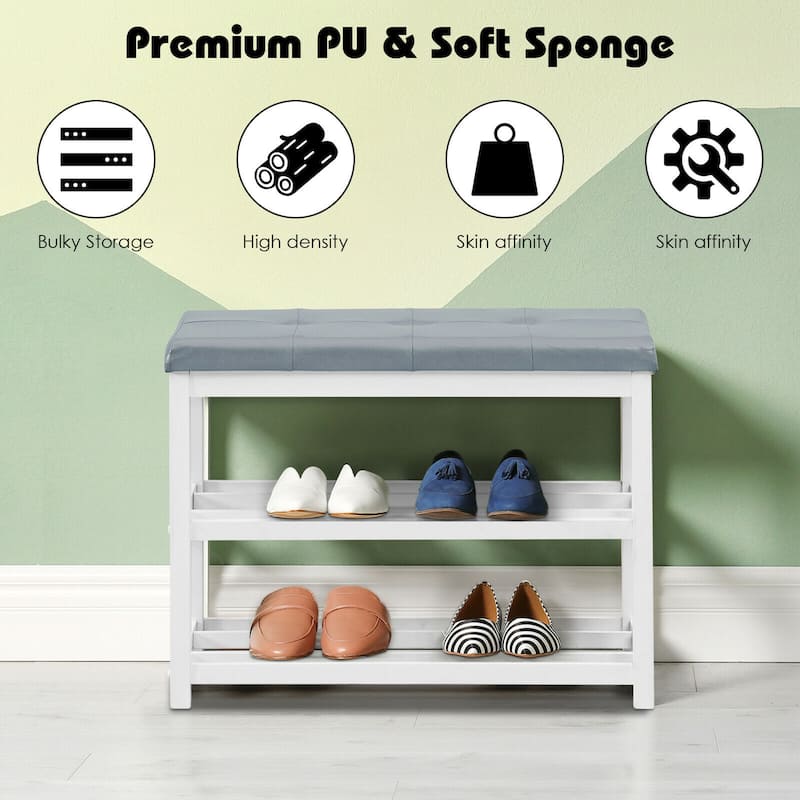 Gymax 2-Tier Wooden Shoe Rack Bench w/Padded Seat for Entryway Bedroom - 31'' x 16'' x 24''