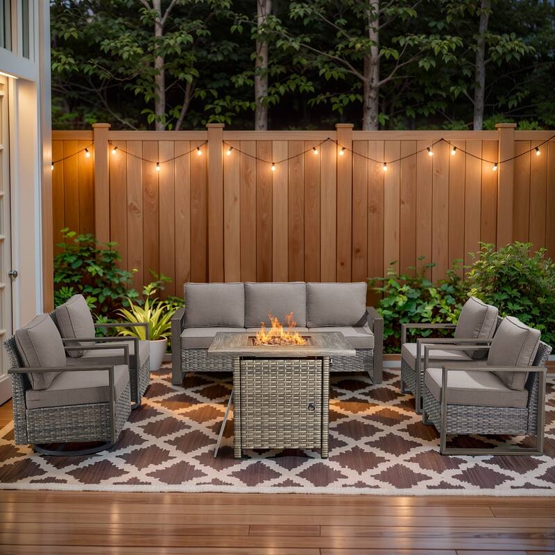 Pocassy 4/6/8PCS Sofa Swivel Chair with Fire Pit Table Set - Grey Wicker Gray Cushion - 6-Piece Sofa Chair with Fire Table
