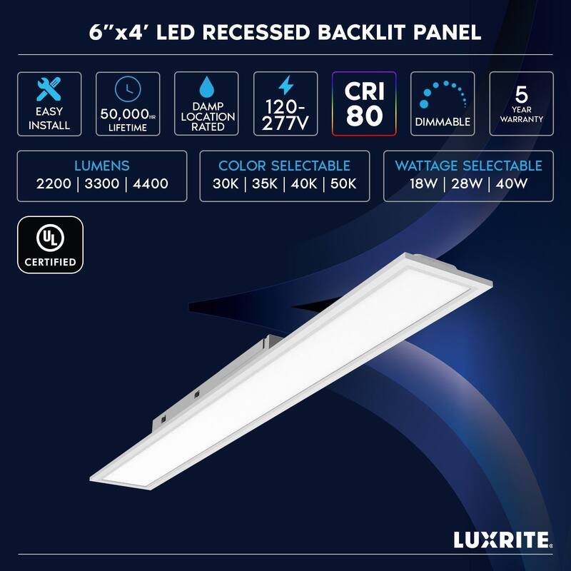 LUXRITE 6x4 FT LED Recessed Panel 18W/28W/40W, 4CCT, Up to 4400 Lumens, Drop Ceiling Lights Dimmable UL Listed 8 Pack