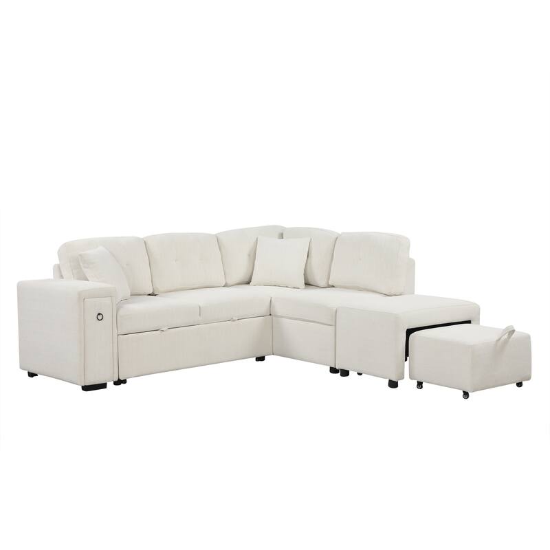 Beige 86.6" L-Shaped 4-Seat Sectional Sofa with Pull-Out Bed, Movable Ottoman, USB Ports, and Cup Holder Drop-Down Table