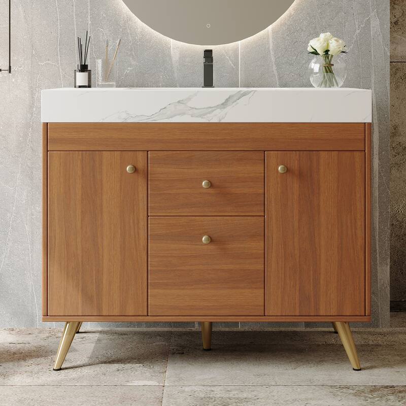 36" Modern Freestanding Bathroom Vanity with Sintered Stone Top, Ceramic Sink & Smart Storage