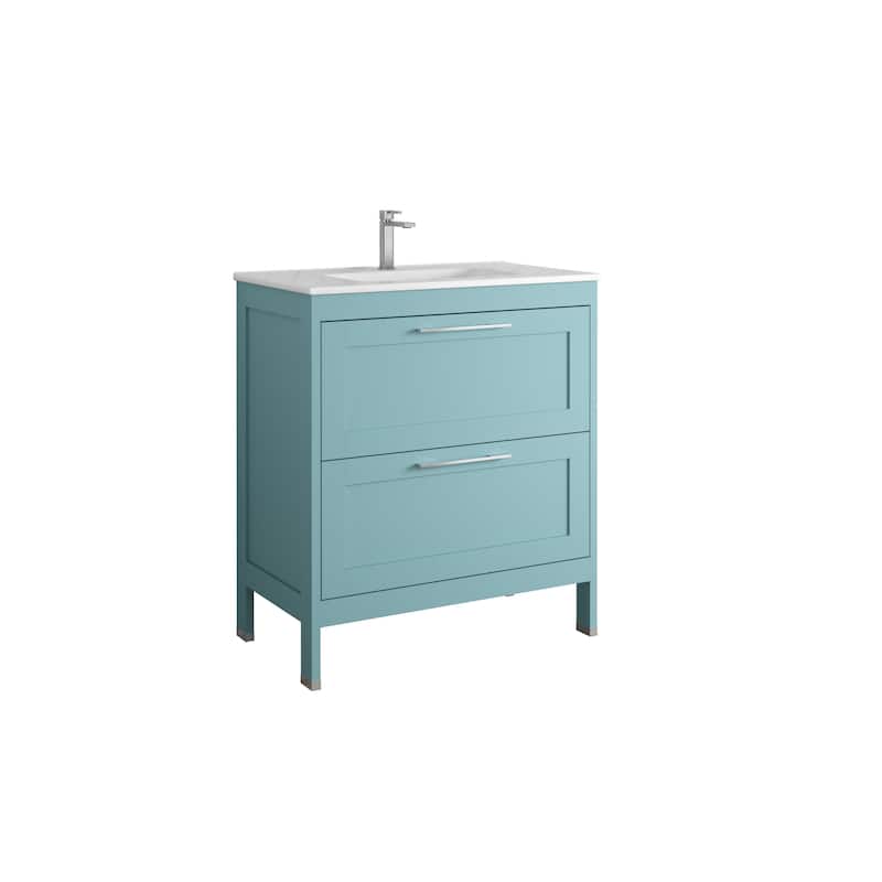 HomeRoots 32" Blue Wood Freestanding Bathroom Vanity With White Sink And Two Drawers - 32.00 in. x 35.06 in. x 17.75 in.