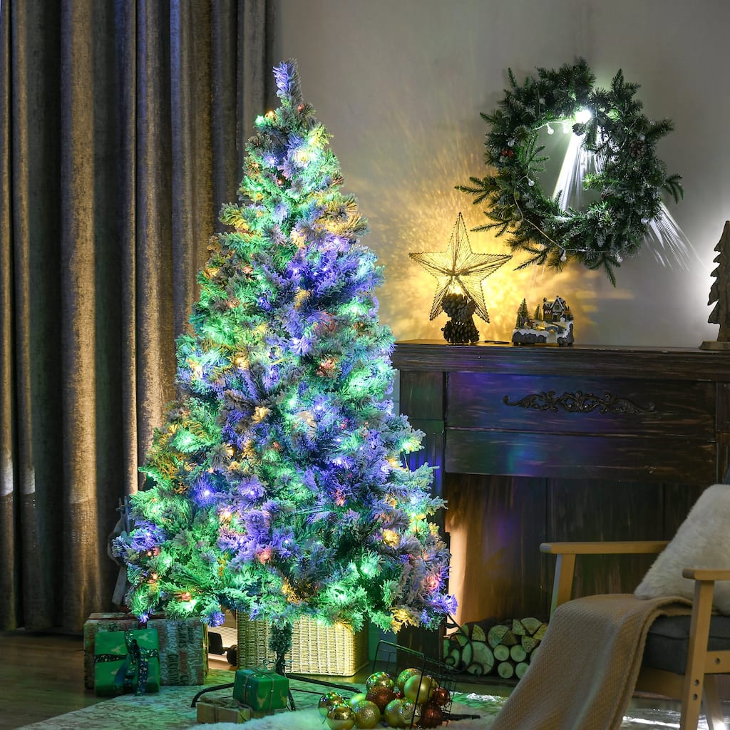6ft Artificial Christmas Tree with Snow Flocked Branches and Warm White or Colorful LED Lights for Holiday Home, Office Decor