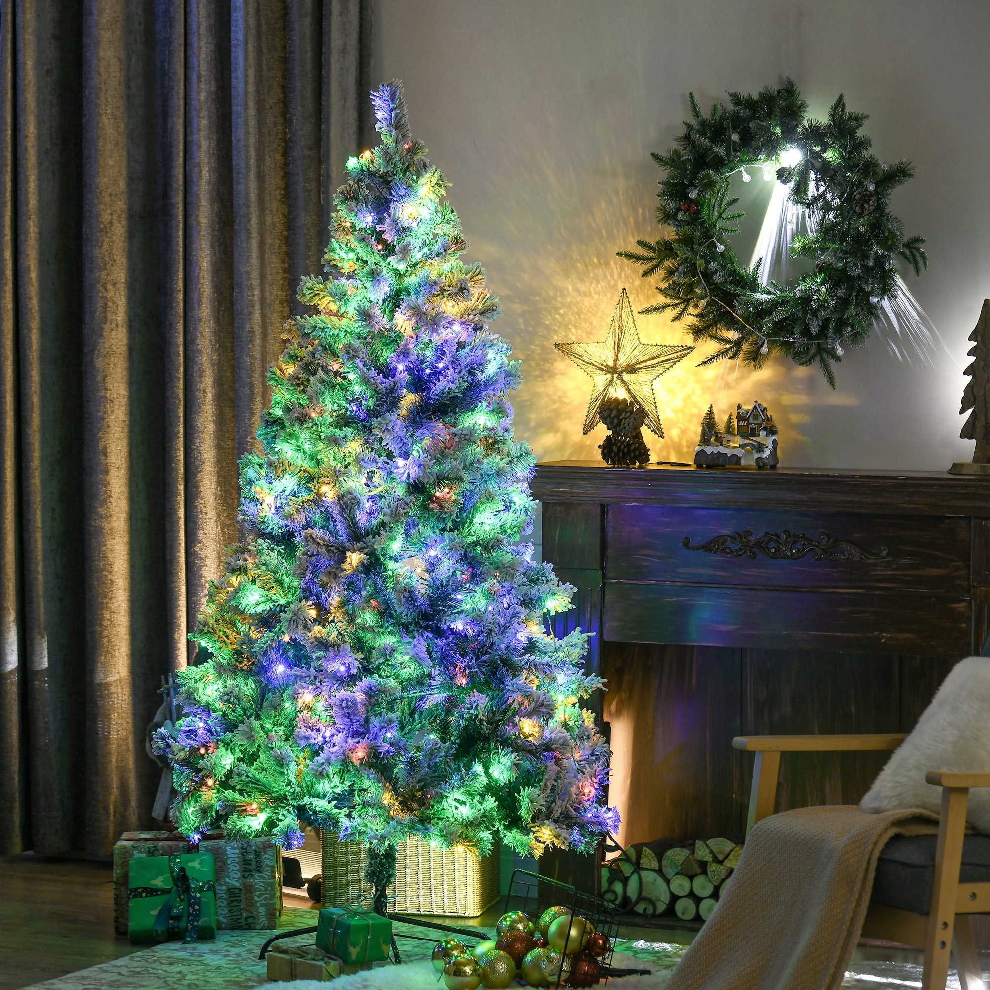 HOMCOM 6ft Tall Prelit Artificial Christmas Tree Holiday Décor with 607 Snow Flocked Branches, Steel Base - 5.89 ft