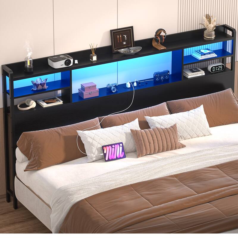 Storage Headboard with USB Port and Power Outlet, Head Board with LED Light for Bed Frame - Black - King