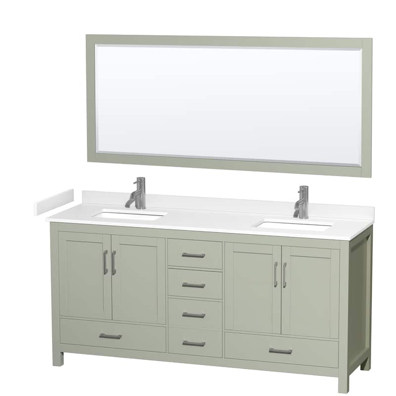 Sheffield Double Bathroom Vanity Set, Cultured Top, 70-Inch Mirror - 72-Inch Double - Light Green, White Cultured Marble Top,Nickel Trim