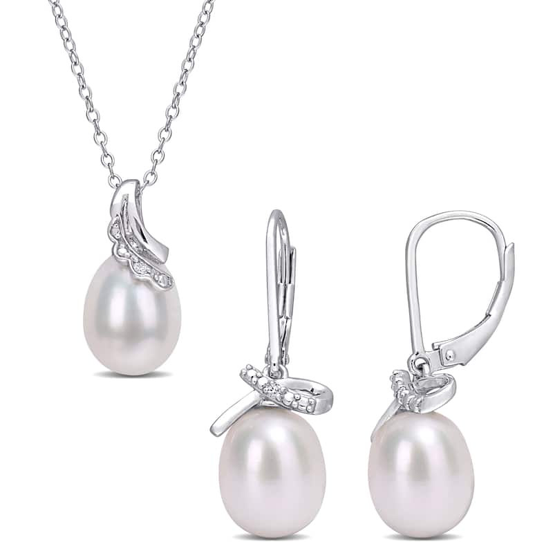 Miadora Cultured FW Pearl & Diamond Accent Drop Earrings & Necklace Set in Sterling SIlver (7.5-9mm)