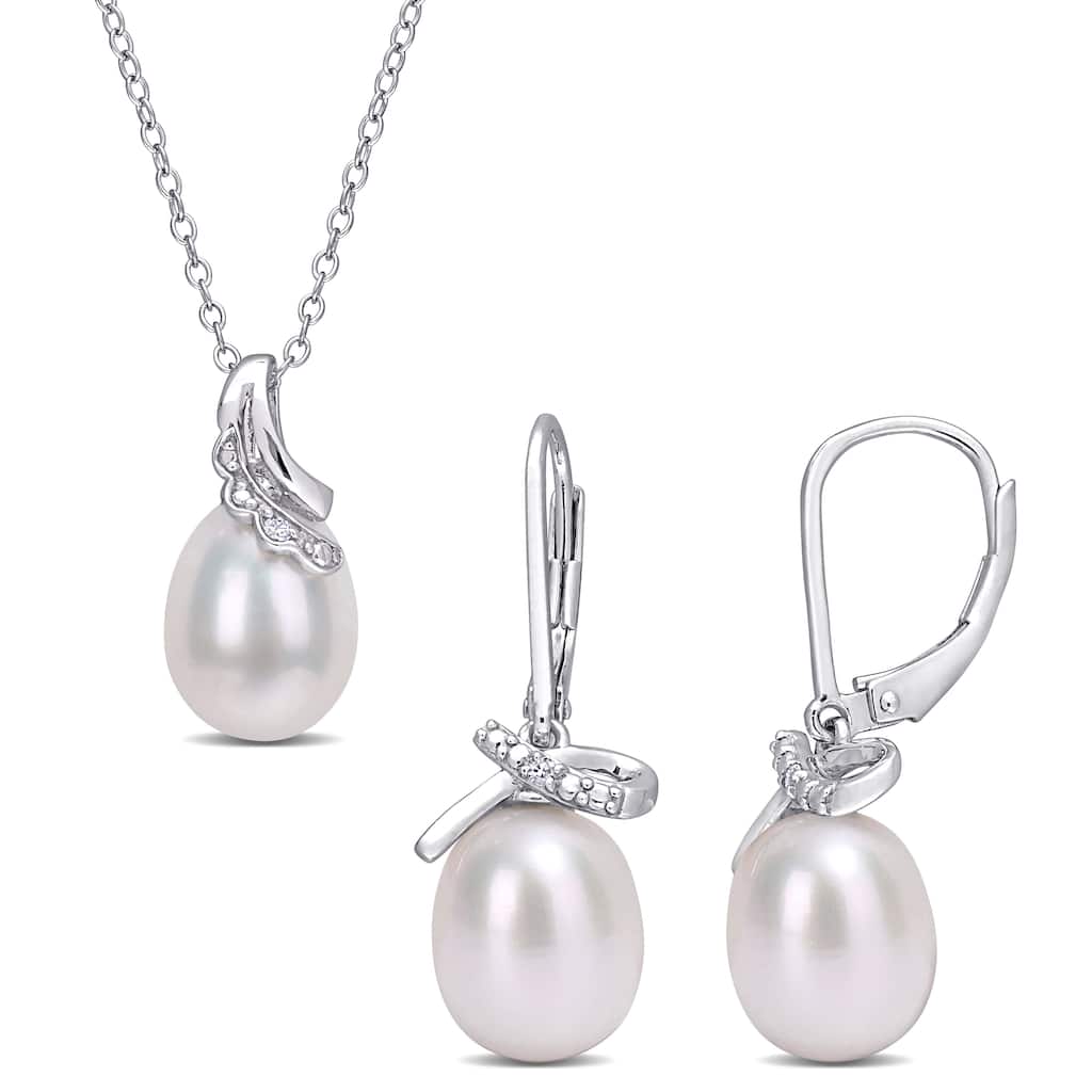 Miadora Cultured FW Pearl & Diamond Accent Drop Earrings & Necklace Set in Sterling SIlver (7.5-9mm)